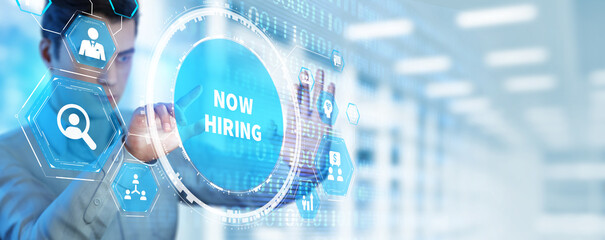 Business, Technology, Internet and network concept. NOW HIRING inscription, modern technology...