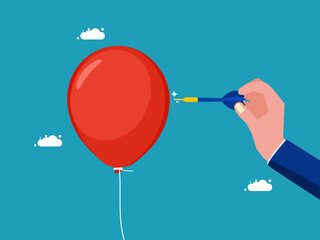Businessman pushing a needle to poke a balloon. business risk concept or dangerous situation vector