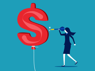 Businesswoman pushes a needle to poke a dollar balloon.The concept of financial risk or dangerous situation vector