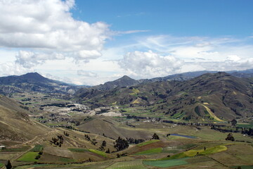 Green, patchwork fields in a mountain valley in the Andes near Latacunga, Ecuador