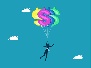 Financial freedom. Businessman floating with money balloons vector