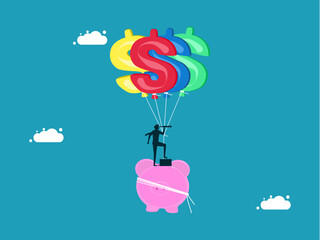 Businessmen look for investments with high returns. Piggy bank floating with money balloons vector