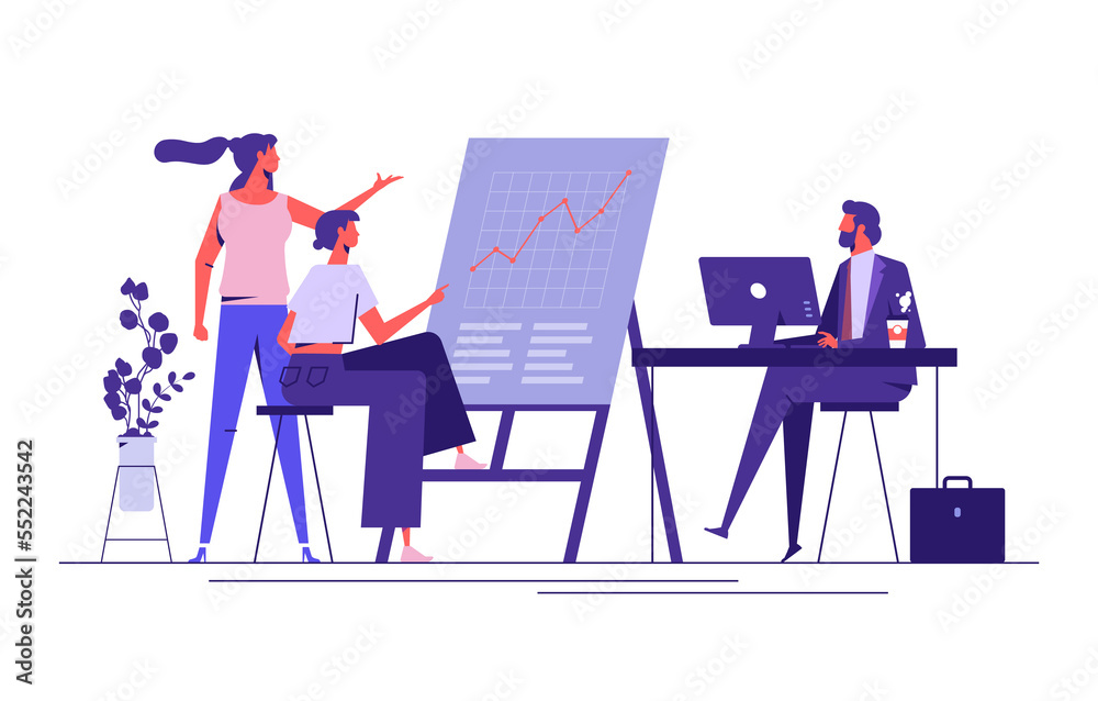 Wall mural Flat vector design statistical and Data analysis for business finance concept with business people team working on monitor graph dashboard