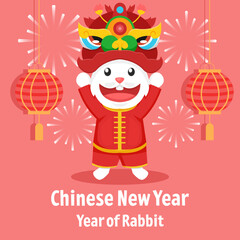 flat design chinese new year with rabbit holding lion dance head