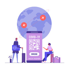 Covid-19 immune passport, digital vaccine certificate, people with big smartphone and coronavirus application on screen, qr code test result. Safe traveling during the pandemic