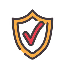 Color shield with tick icon. Protection and antivirus, prevention and safety. Modern technologies and digital world. Sticker for social networks and messengers. Cartoon flat vector illustration