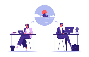 Overworked business people work at office and dream for vacation concept, two office workers dreaming of a vacation