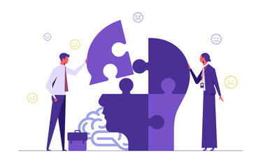 Support mental health medical treatment concept, psychologist people connecting jigsaw puzzle pieces of a big head together