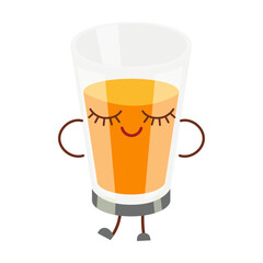 Glass of orange juice. Funny happy character of morning food. Vector illustration of cute menu for restaurant, cafe or home isolated on white