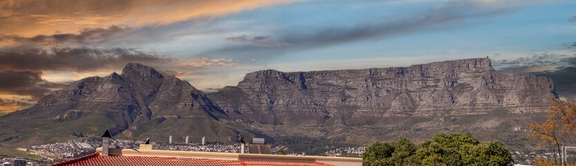 panorama view, of Table Top Mountain in Cape Town South Africa