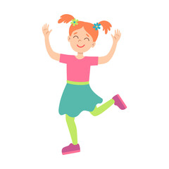Cute cartoon girl dancing together vector illustration. Cheerful kid smiling and laughing isolated on white background