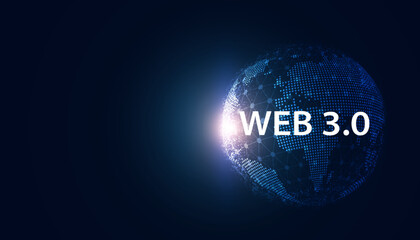 Abstract, Web 3.0 and Earth, Technology or Concept to Develop Web Links, Decentralized, Bottom-up Design, Consensus on Blue Background. Modern digital, futuristic