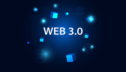 Abstract, Web 3.0 and blockchain square, Technology or Concept to Develop Web Links, Decentralized, Bottom-up Design, Consensus on Blue Background. Modern digital, futuristic