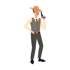 Gangster character. Vector illustration of comic criminal with hat or black mask. Cartoon mafia boss isolated on white