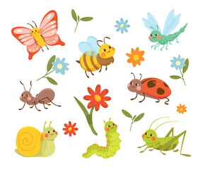 Obraz na płótnie Canvas Insects and flowers set. Collection of graphic elements for website. Plants, caterpillar and butterfly, ladybug. Nature and spring. Cartoon flat vector illustrations isolated on white background