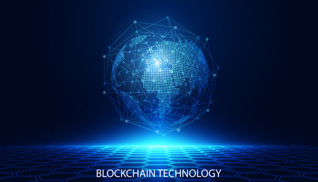 Abstract digital world and perspective digital connection network concept blockchain technology digital finance decentralized defi cryptocurrencies On a blue background, modern, futuristic, hi-tech.