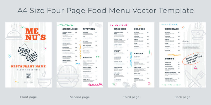 Restaurant cafe menu, template design,
A4 size , Four page food menu template