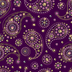 Seamless pattern with paisley ornament, round jewelry elements in vintage style. Magenta background. Vector illustration. Good for clothing, apparel, fabric, textile, surface design.