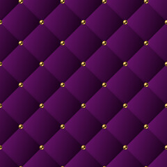 Classic volume seamless pattern with square grid and golden buttons. Background like sofa upholstery. Magenta color