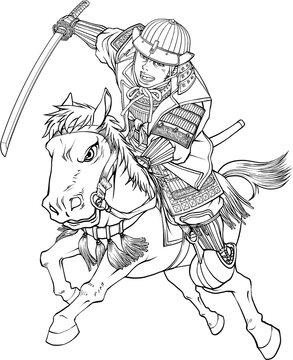 recommend clip art: 騎馬で突撃する戦国武将【線画・白黒】