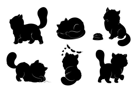 Silhouettes of fat cats set. Collection of graphic elements for website. Aesthetics and elegance. Minimalist creativity and art. Cartoon flat vector illustrations isolated on white background