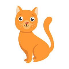 Cat sitting and watching cartoon illustration. Happy little and elderly pet character growing, playing with ball isolated on white background