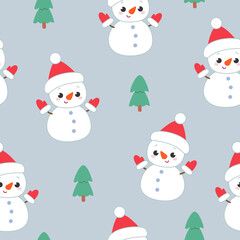 Seamless pattern, cute Christmas decor with snowmen and fir-trees on a gray background. Cheerful children's print for textiles, postcards, clothes. Vector color illustration.