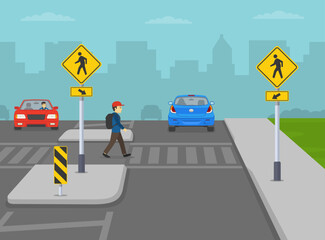 Pedestrian safety and car driving rules. Male kid crossing the street on crosswalk. Crosswalk sign with diagonal arrow. Medians and pedestrian refuge islands. Flat vector illustration template. - obrazy, fototapety, plakaty