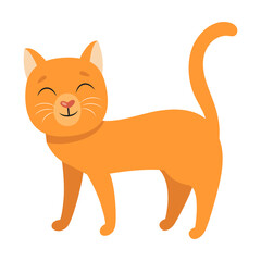 Cat purrs affectionately cartoon illustration. Happy little and elderly pet character growing, playing with ball isolated on white background