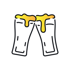 Brewery drink icon. Two glasses with beer and foam. Symbol of holiday and festival, rest after work and alcoholic drinks. Graphic element for site, poster or banner. Cartoon flat vector illustration