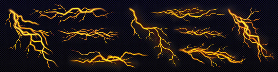 Set of yellow lightning, electric thunderbolt strike during night storm. Powerful electrical discharge, impact, crack, magical energy flash. Realistic 3d vector bolts isolated on black background