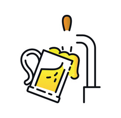 Brewery drink icon. Beer, wine or champagne poured into mug from barrel through tube, goods and menu in pub. Graphic element for website. Template, layout and mockup. Cartoon flat vector illustration