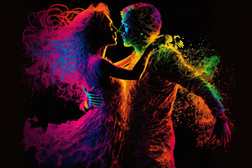 Naklejka na ściany i meble Fluorescent powder is used to color the populace. two people in a romantic relationship dancing in a club. Generative AI
