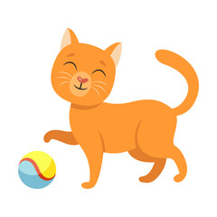 Cat plays with ball, cartoon illustration. Happy little and elderly pet character growing, playing with ball isolated on white background