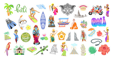 set of 42 elements of Bali, Indonesia travel, traditional Balinese symbols flat vector illustration collection - 552245519