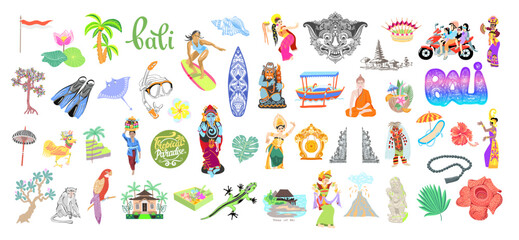 Mega set of 50 traditional symbols bali island Indonesia, balinese flat design vector illustration collection.