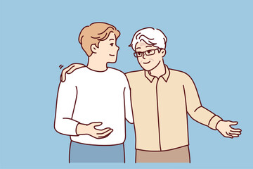 Two guys of friends slap each other on back and shoulders during joint walk or long-awaited meeting. Gray-haired elderly man is talking to young son giving wise advice. Flat vector illustration