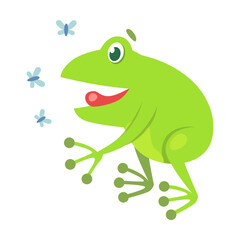 Cute frog hunting for flies cartoon illustration. Funny green croaking toad isolated on white background. Flat vector