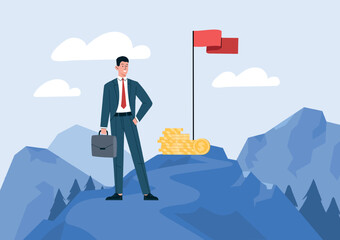 Business leader concept. Man with red flag stands on top. Motivation, leadership and success. Entrepreneur on mountain. Financial Literacy and Passive Income. Cartoon flat vector illustration