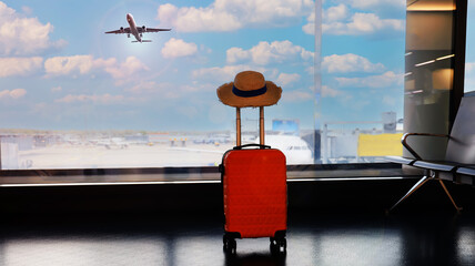 Travel concept with orange luggage as hat in the airport terminal waiting area, summer vacation...
