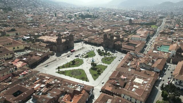Aerial view of city centre Cusco Peru Plaza de Armas sunny day Inca empire capital