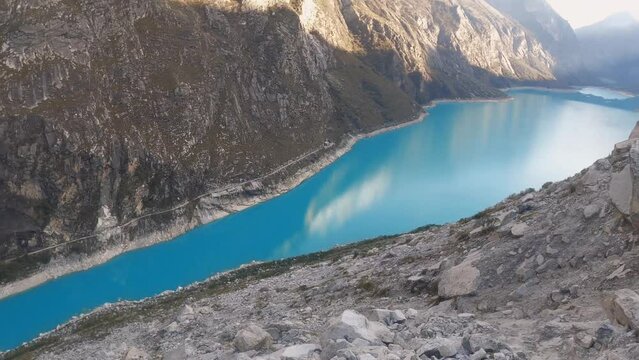 panoramic view above the Lake Paron, Pyramid Mountain, Andean Cordillera in Peru Huascaran National Park, Peruvian Hiking Destination