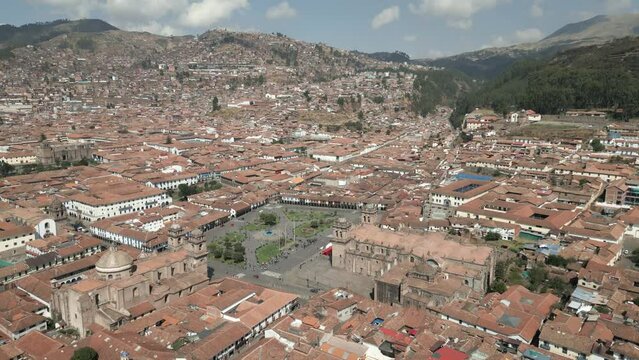 Tiling drone shot of Cuzco, Peru on a warm summer day.