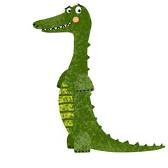 Crocodile cartoon hand drawn illustration. Textured cute green baby animal standing with smile