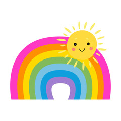Cute rainbow cartoon character vector illustration. Horn, ear, crown, rainbow on white background
