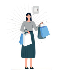 Woman with shopping bags. Young girl with goods in her hands. Buyer in supermarket. fashion, trend and style. Beauty person with packages. Advertising and marketing. Cartoon flat vector illustration
