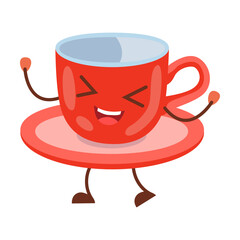 Funny mug and saucer character of morning food. Vector illustration of cute menu for restaurant, cafe or home isolated on white