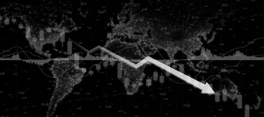 Finance economic stock market down. Global Stock market chart panic sell on black background concept. Extreme bearish stage. Usable for banner, cover, and header.