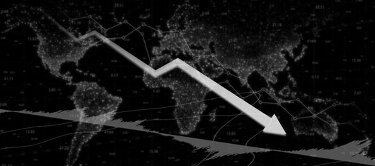 Finance economic stock market down. Global Stock market chart panic sell on black background concept. Extreme bearish stage. Usable for banner, cover, and header.