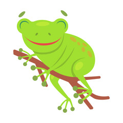 Cute frog sitting on a branch cartoon illustration. Funny green croaking toad isolated on white background. Flat vector